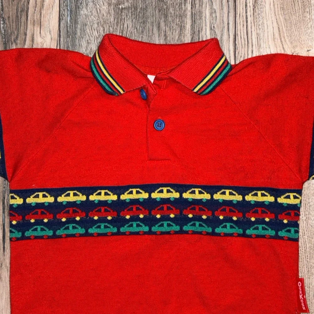 Vintage OshKosh Bgosh Kids Red Car Pattern Long Sleeve Polo Shirt 24 Months USA